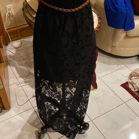 Beautiful high low strapless bare shoulders black lace dress with leather belt - Picture 4 of 9